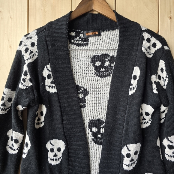 Whisper Skull Gothic Halloween Open Front Acrylic Sweater Cardigan Small - Picture 2 of 11